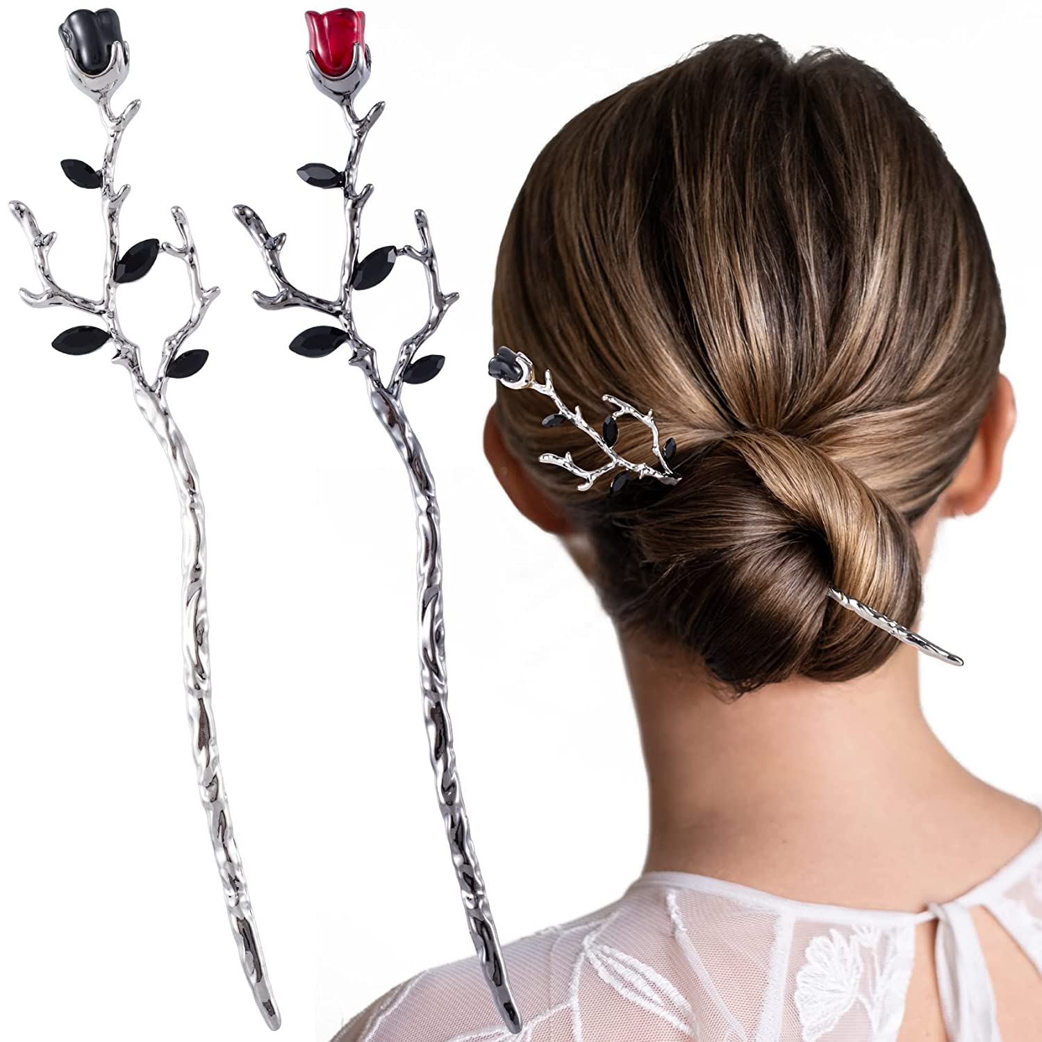 Flower Hair Stick, 2Pcs Metal Hair Chopsticks Retro Chinese Hair Sticks for  Bun Chinese Hairpins Wedding Hair Accessories for Bride Women Girls
